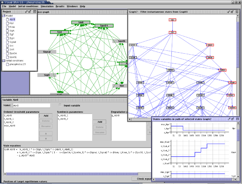 Graphical interface of the qualitative simulation tool Genetic Network Analyzer (GNA). - 192.8 ko